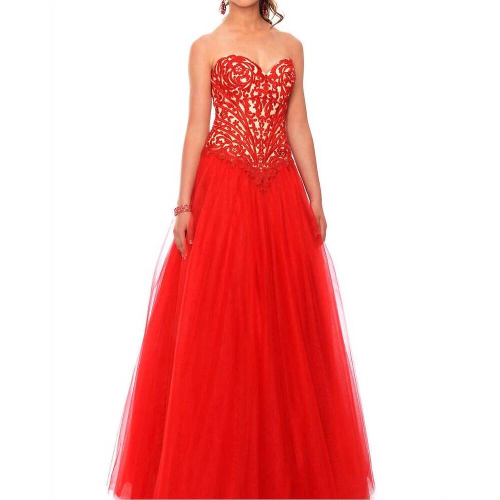 NEW PRECIOUS FORMALS embroidered lace and illusion prom dress in red/nude